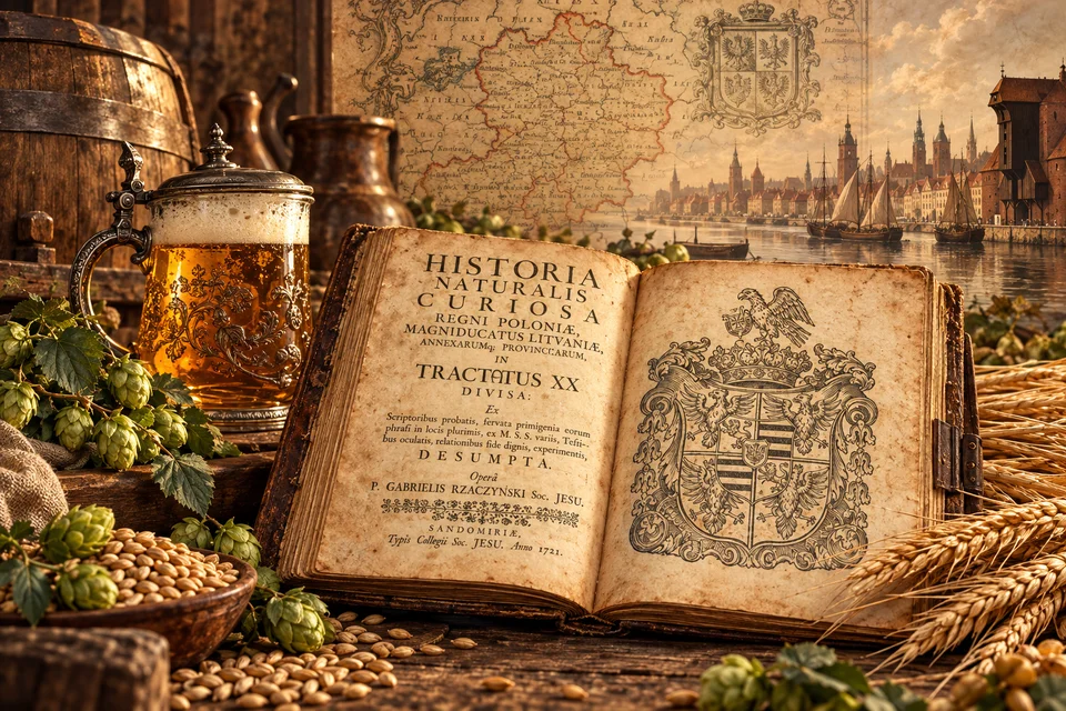 Старинная книга Габриэля Жончинского 1721 года, кружка янтарного пива, хмель, зерно и историческая карта Речи Посполитой.